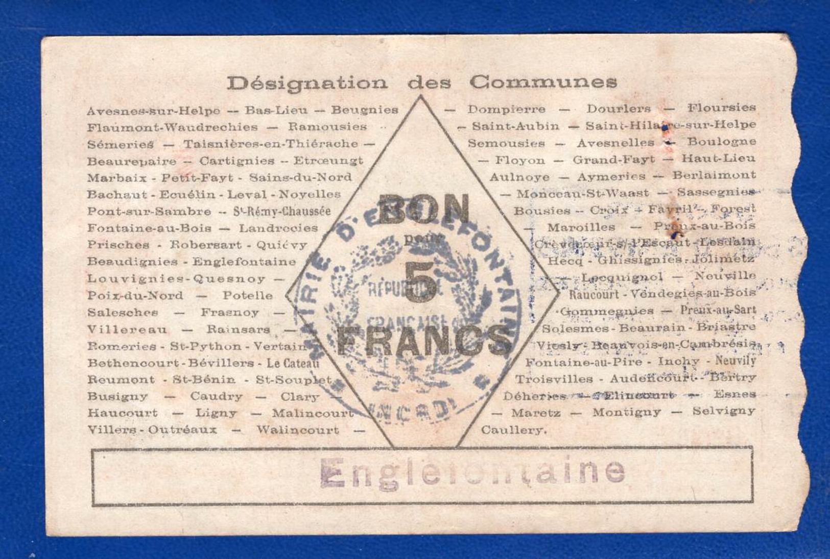 Enclefontaine  59/530  Du  5/3/1915 - Bonds & Basic Needs