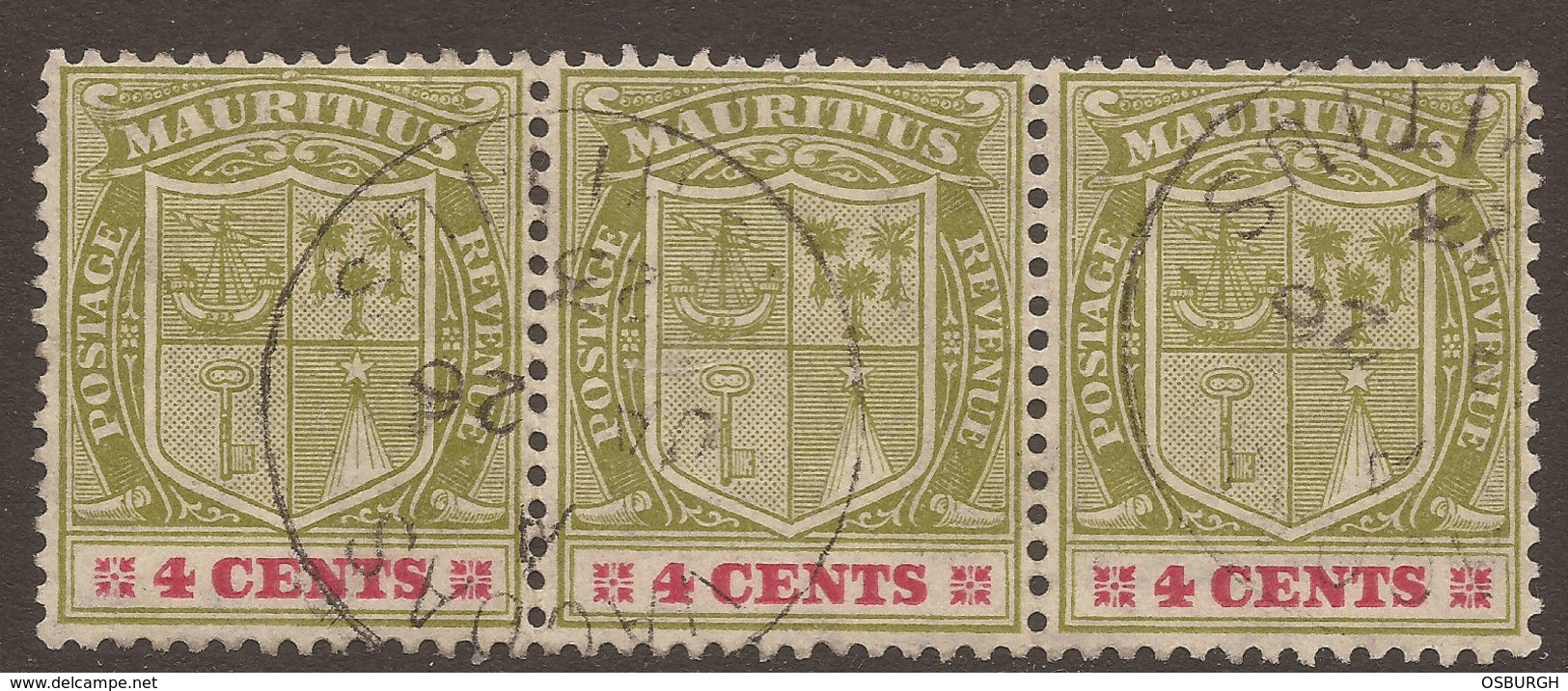 MAURITIUS. POSTMARK. VACOAS. 1910. YELLOW GREEN & CARMINE 4c STRIP X3. USED. - Mauritius (...-1967)