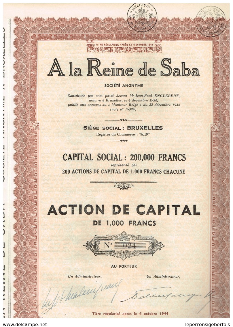 Titre Ancien - A La Reine De Saba - Société Anonyme - Titre De 1934 - Tourisme