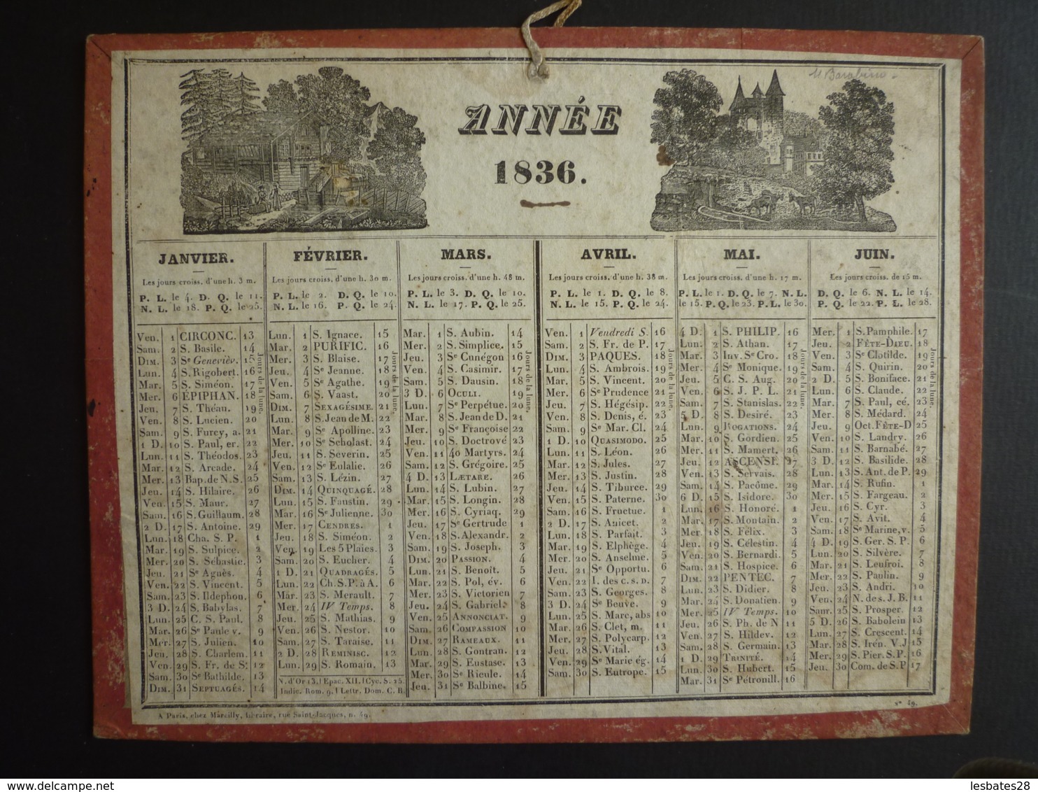 ALMANACH  1836 CALENDRIER 2  SEMESTRIELS  Allégorie Paysage  Imp. A. Pinard , Marcilly Libraire --mai 2019 Clas Cal - Big : ...-1900