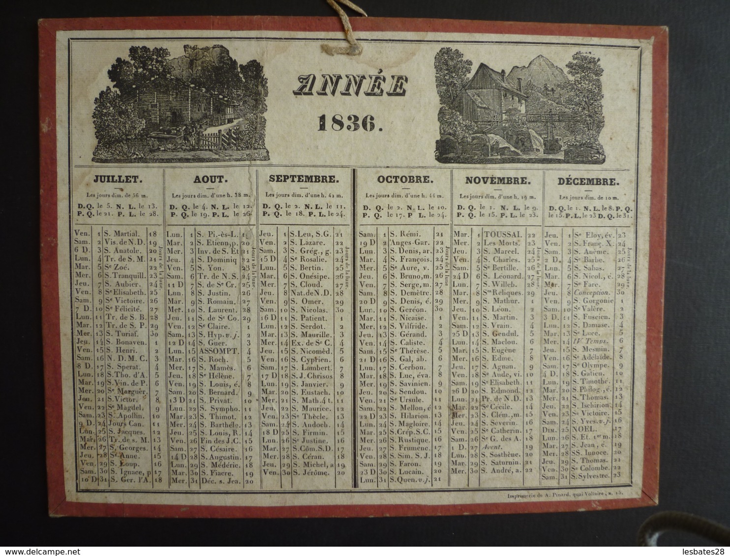 ALMANACH  1836 CALENDRIER 2  SEMESTRIELS  Allégorie Paysage  Imp. A. Pinard , Marcilly Libraire --mai 2019 Clas Cal - Grand Format : ...-1900