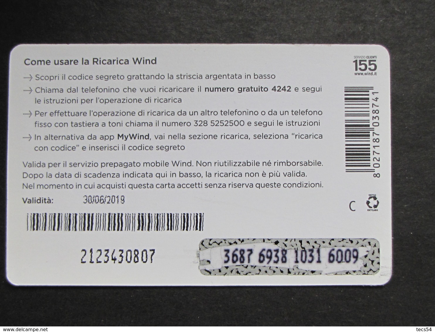 ITALIA WIND - SCARICA APP MYWIND 15 EURO SCAD. 30/06/2019 - USATA - [2] Handy-, Prepaid- Und Aufladkarten