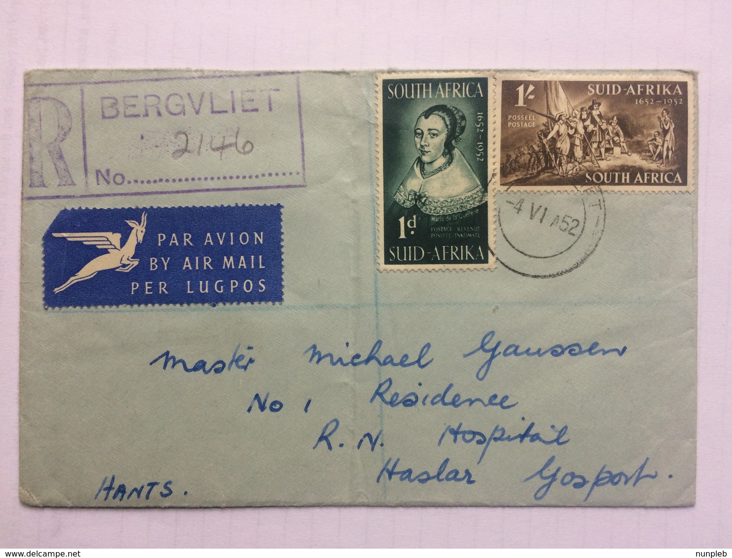 SOUTH AFRICA 1952 Cover Registered Bergvliet Air Mail To Royal Naval Hospital Gosport England - Covers & Documents