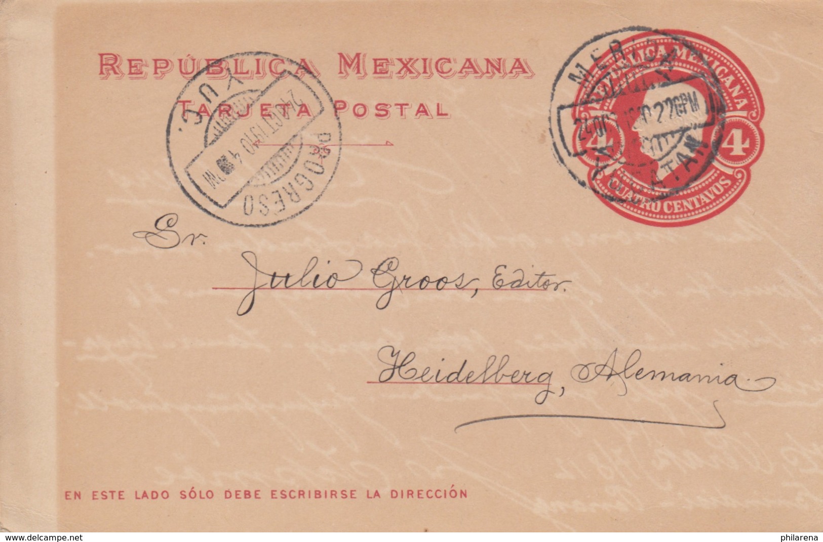 1910: Post Card Yucatan To Heidelberg - Mexique