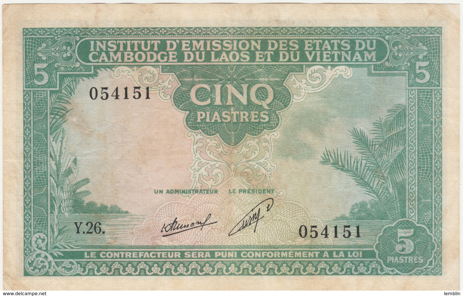 5 PIASTRES 1953 POUR LE LAOS - Indochina