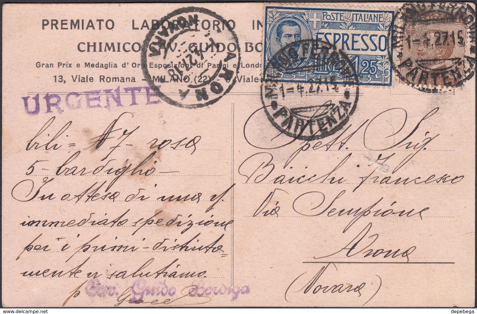 Italy - ESPRESSO Advertaising Postcard, MILANO 1.4.1927 - Arona. - Military Mail (PM)