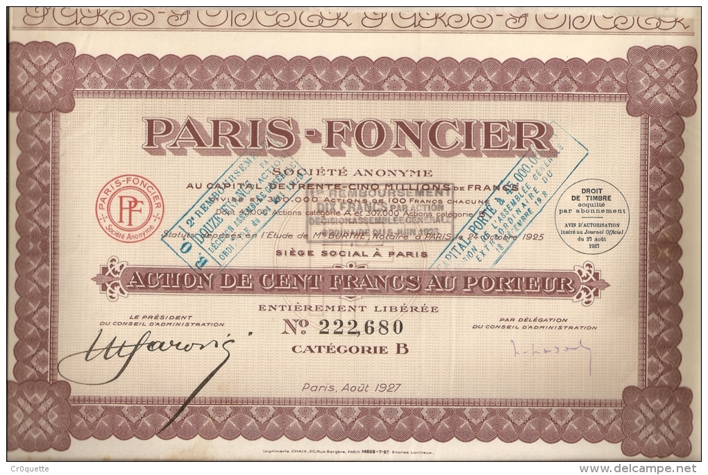 ACTION PARIS FONCIER De CENT FRANCS AU PORTEUR - PARIS AOÛT 1927 - P - R