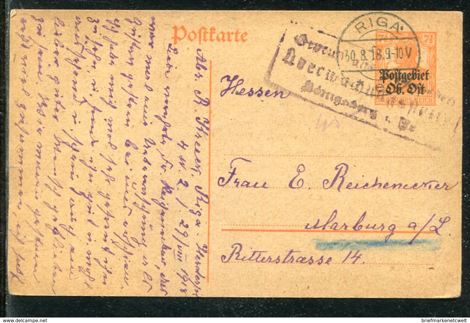 D.Bes.14/18-Ob.Ost / Postkarte Mi. P 3 Steg-Stempel RIGA, Weiterer R3-Stempel (13309) - Besetzungen 1914-18