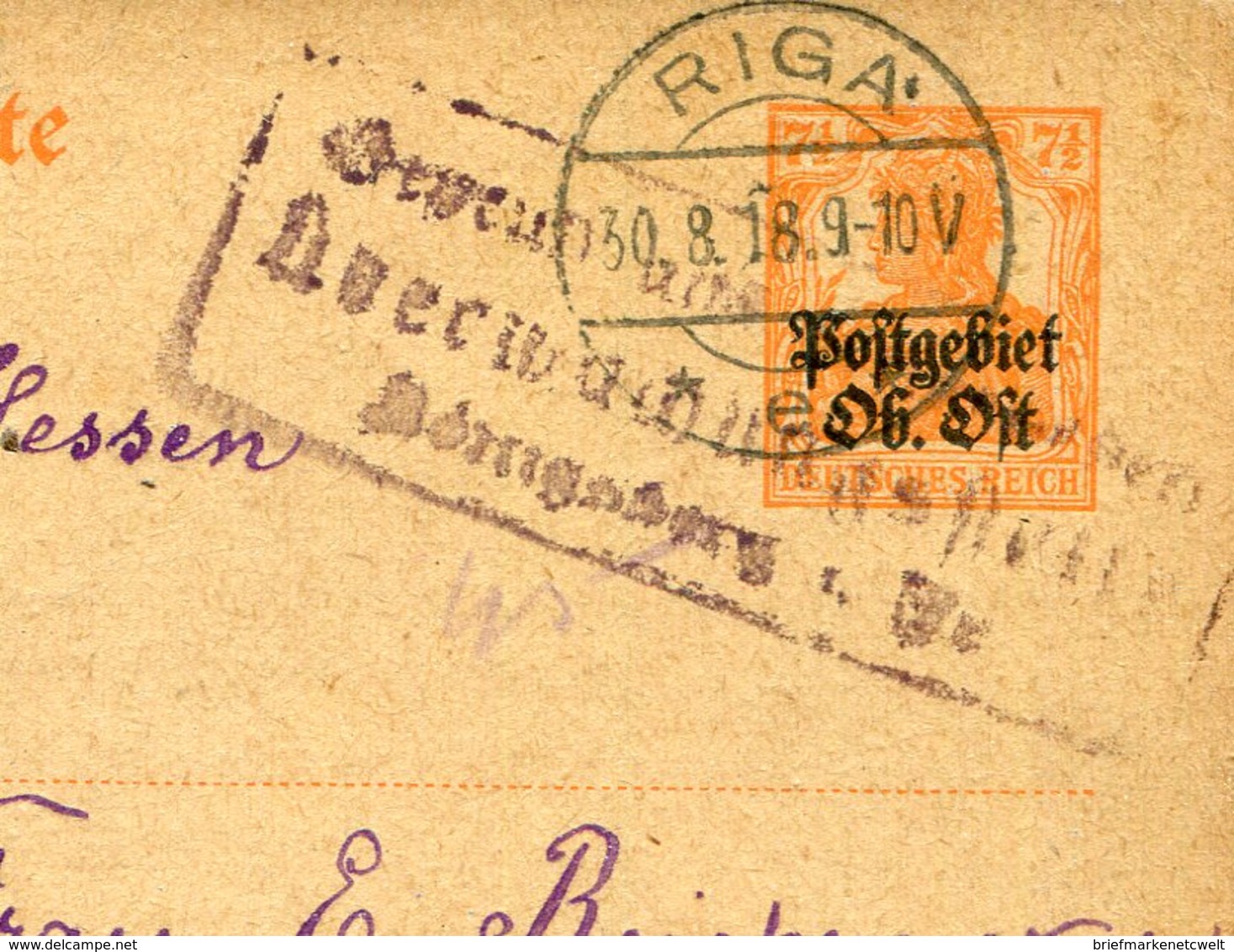 D.Bes.14/18-Ob.Ost / Postkarte Mi. P 3 Steg-Stempel RIGA, Weiterer R3-Stempel (13309) - Besetzungen 1914-18