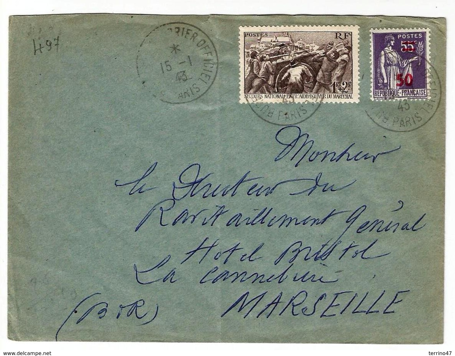 Lettre Obl.15.01.1943  Sur 497 Et N°478-  Yvert  -au Profit Du Secours National Et Type Paix - Storia Postale