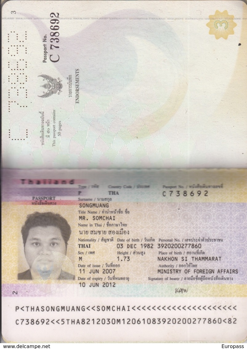 Passport. Passeport, Reisepass, Paspoort Thailand Biometrisch  5X