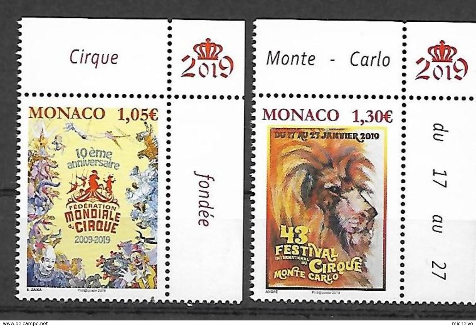 Monaco 2019 - Yv N° 3164 & 3165 ** - Festival International Du Cirque De Monte-Carlo & Fédération Mondiale Du Cirque - Ongebruikt