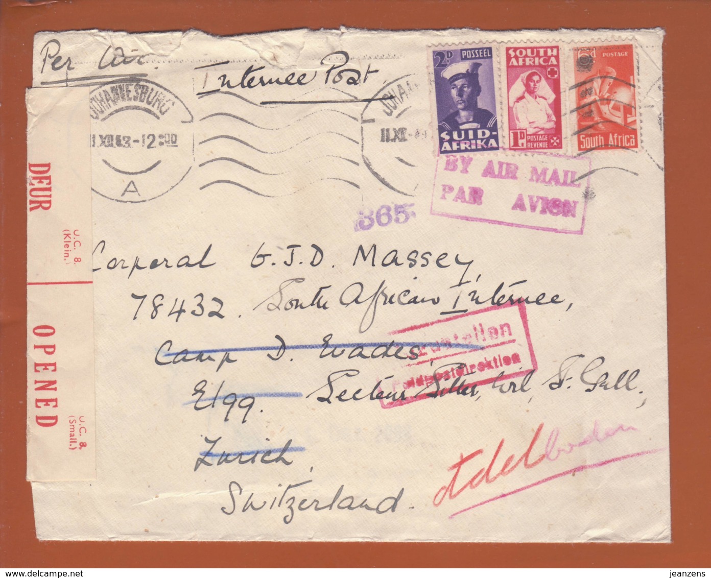 Lettre Par Avion De Johannesburg 11.12.1943 -> Camp D'évadé Wil(Suisse) - Zensur/censored/Censure Afr. Du Sud B + Inter - Militaria