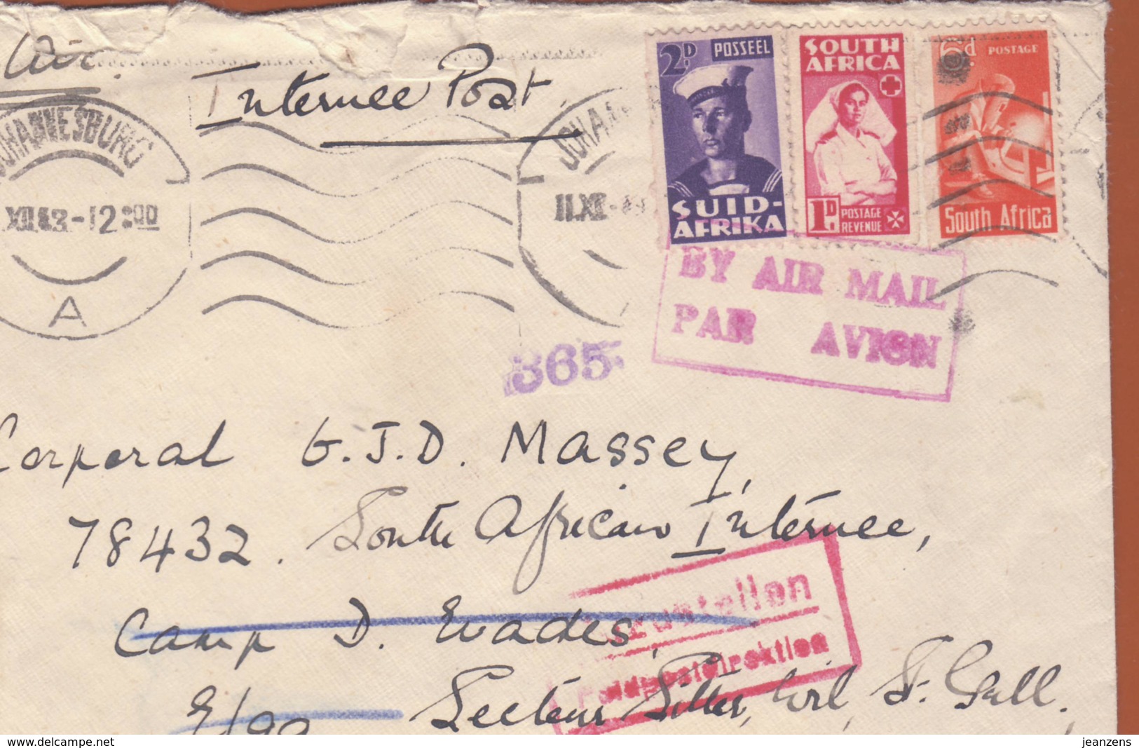 Lettre Par Avion De Johannesburg 11.12.1943 -> Camp D'évadé Wil(Suisse) - Zensur/censored/Censure Afr. Du Sud B + Inter - Militaria