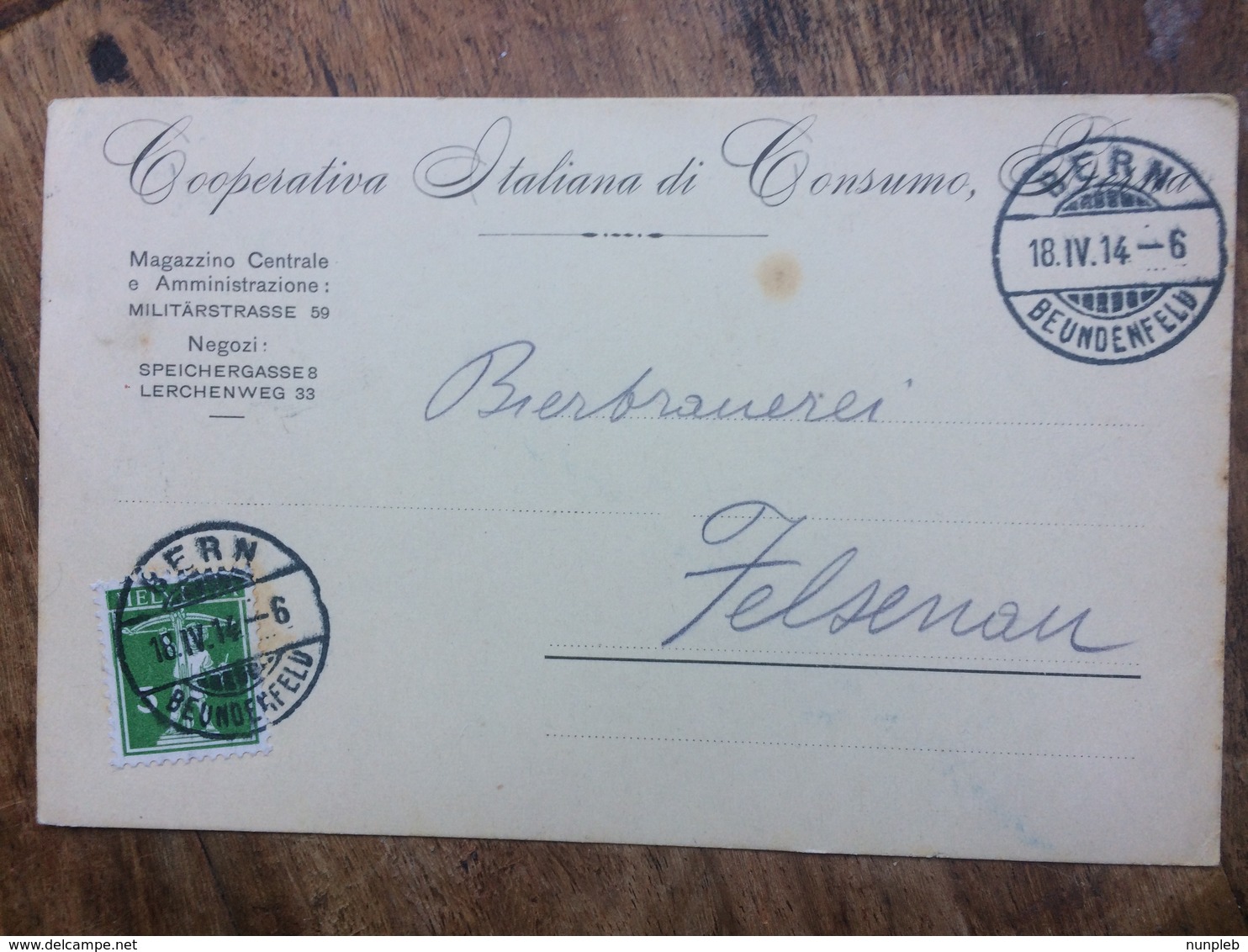 SWITZERLAND 1914 Postcard Bern To Felsenau - Copertiva Italiana Di Consumo Berna - Lettres & Documents