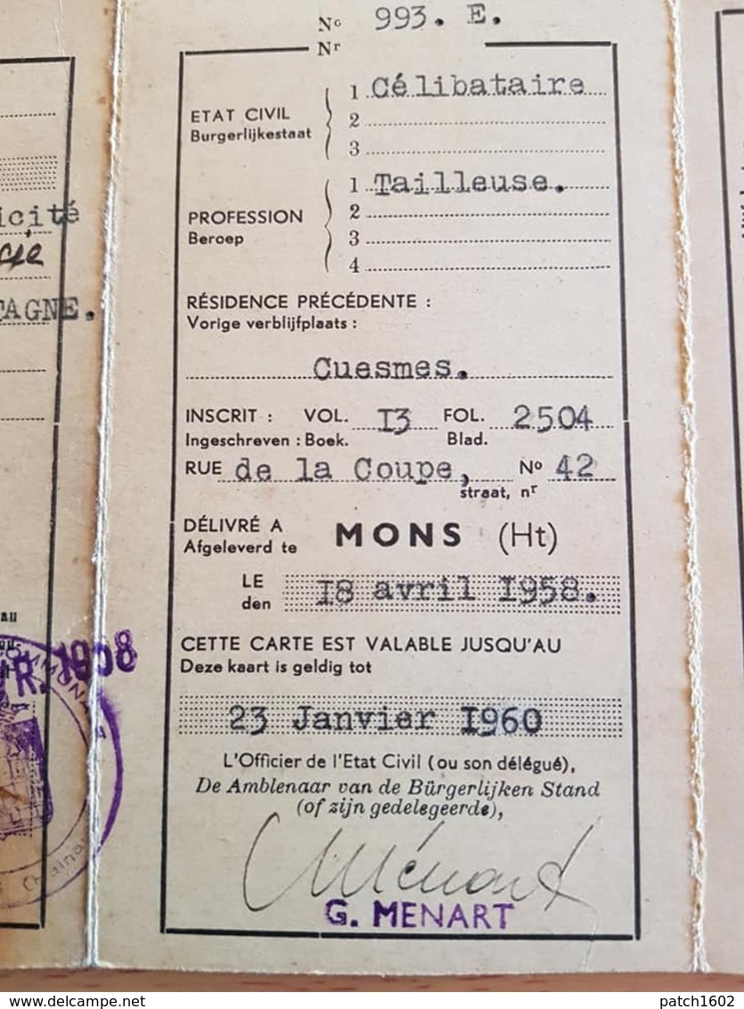 1958 Délivré A MONS Carte D'identité étranger Valable 2 Ans à HOSCHE Ernestine Félicité Française Né Le 02/01/1891 - Non Classés