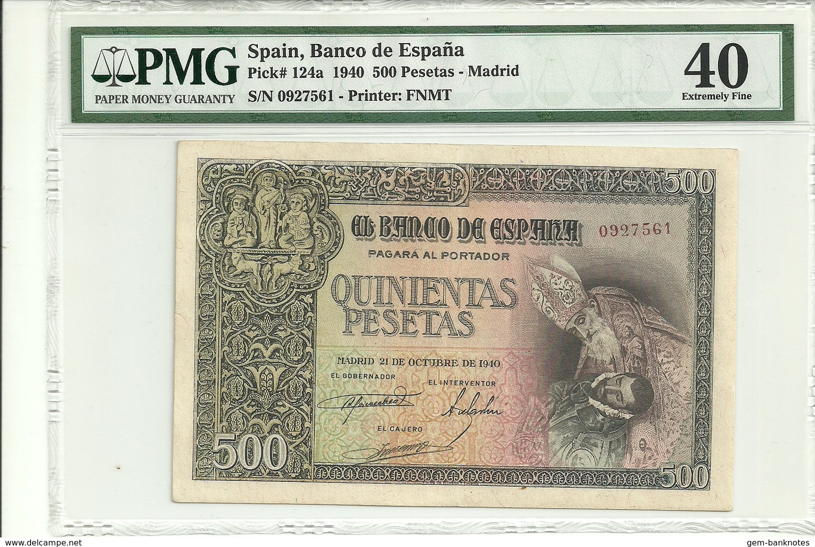 Spain 500 Pesetas 1940 P124a Graded 40 (Extremely Fine) By PMG - 500 Pesetas