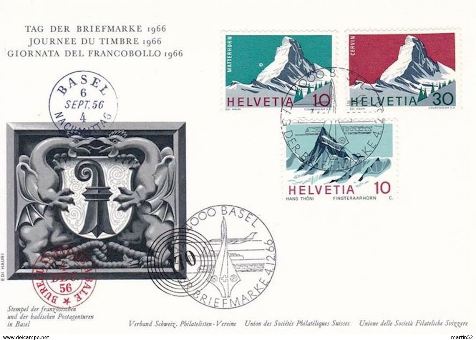 Schweiz Suisse 1966: BPK CPI "Matterhorn & Finsteraarhorn" Mit O BASEL 1.XII.66 TAG DER BRIEFMARKE (Zu CHF 5.00) - Escalade