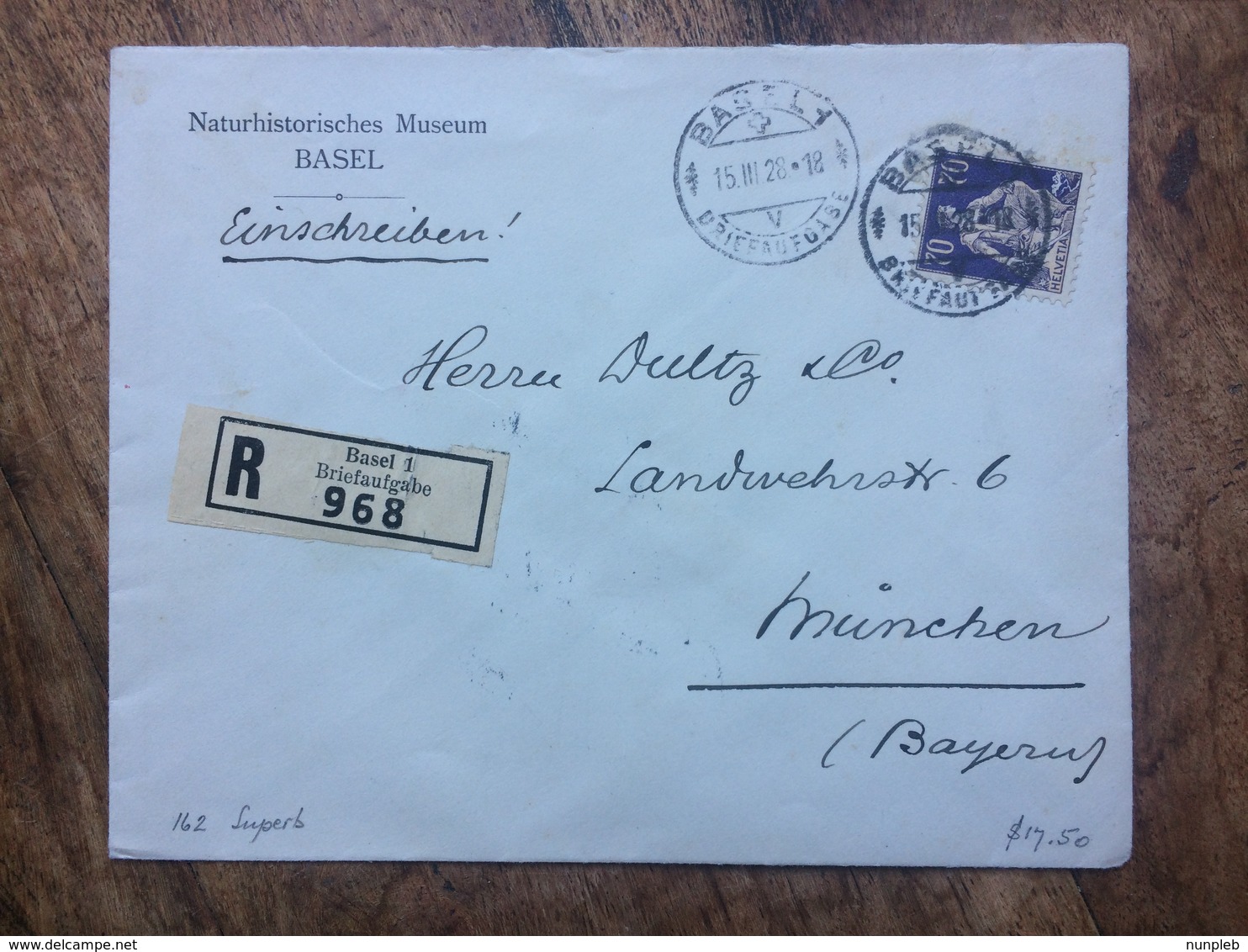 SWITZERLAND 1928 Registered Basel To Munchen - `Naturhistorisches Museum Basel` Cachet Munchen B.Z. Railway Postmark - Briefe U. Dokumente