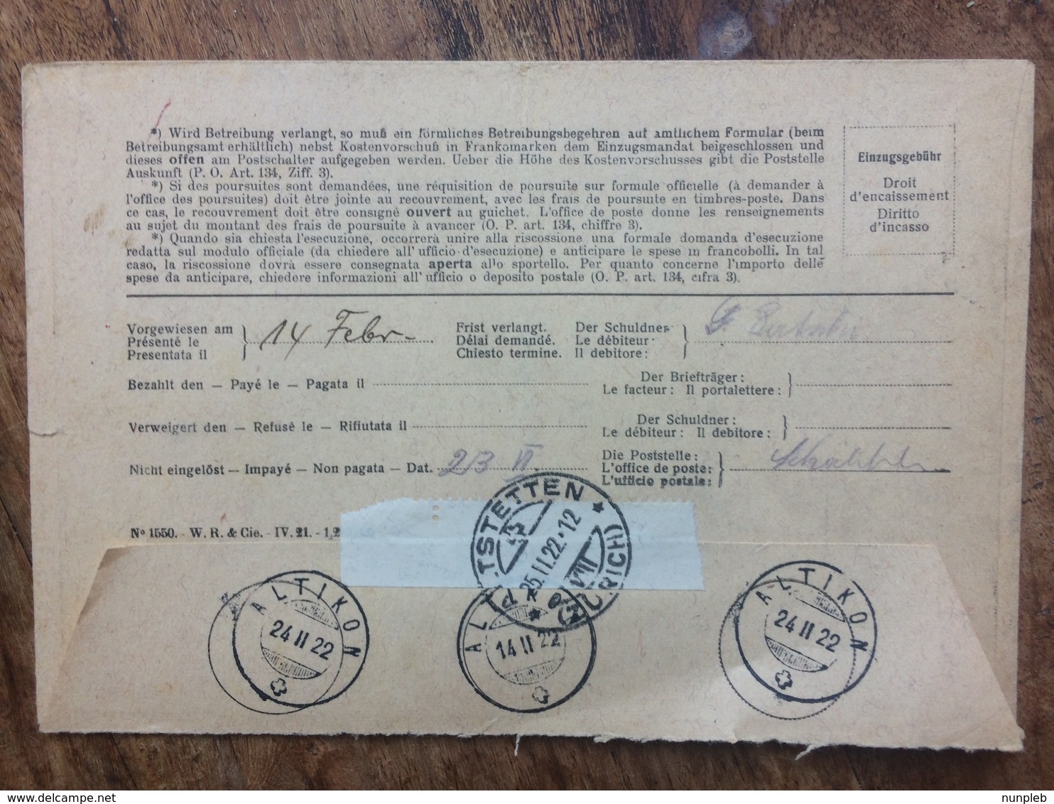 SWITZERLAND 1922 Registered Altstetten Einzugsmandat - Catchment Mandate To Altikon - Covers & Documents