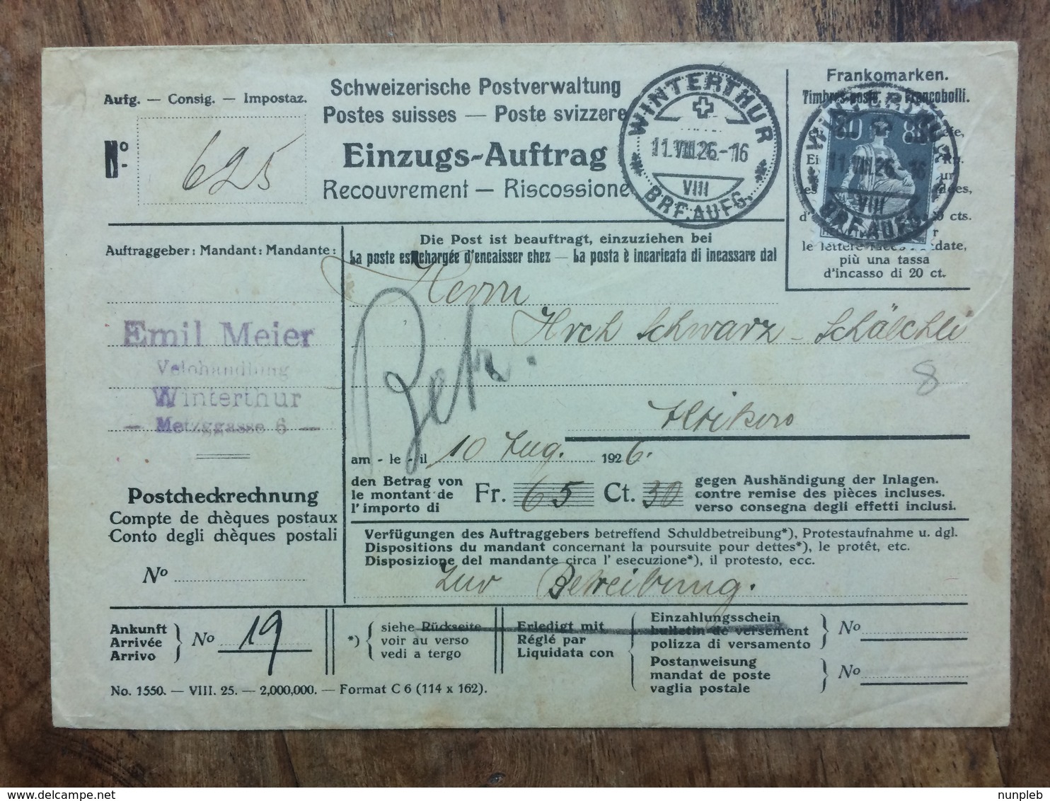 SWITZERLAND 1926 Winterthur Einzugsmandat - Catchment Mandate To Altikon - Lettres & Documents