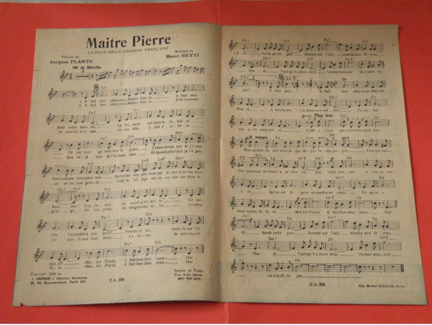 Maitre Pierre -(Paroles Jacques Plante) (Musique Henri Betti) Partition 1949 - Chansonniers