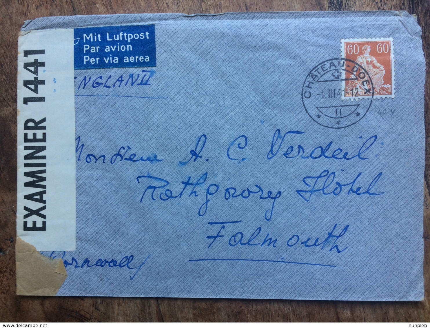 SWITZERLAND 1941 Air Mail Censor Cover Chateau D`Oex To Falmouth England - Covers & Documents