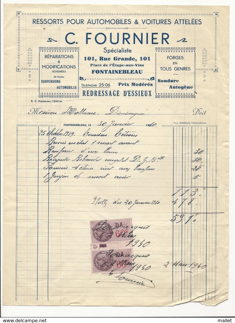 Facture Ressorts Pour Automobile & Voitures Attelées - Fontainebleau - 1940 - Avec Timbres Fiscaux - Automobile