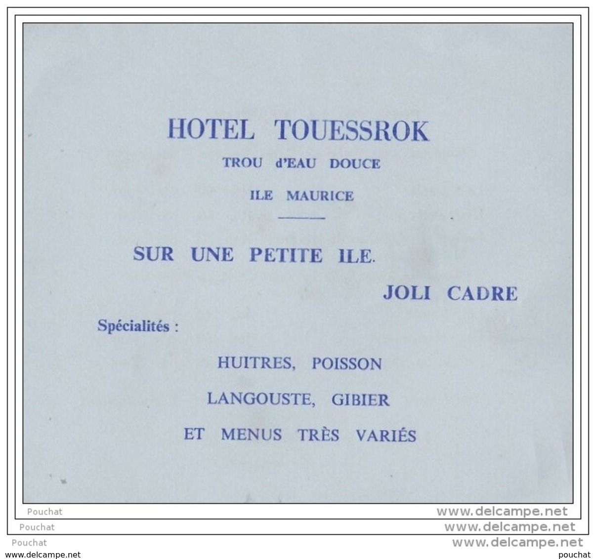Ile Maurice - HÔTEL  TOUESSROK  - Trou D &acute; Eau Douce - Huîtres - Poisson - Langouste - Prix De La Pension - 12 X 1 - Mauritius