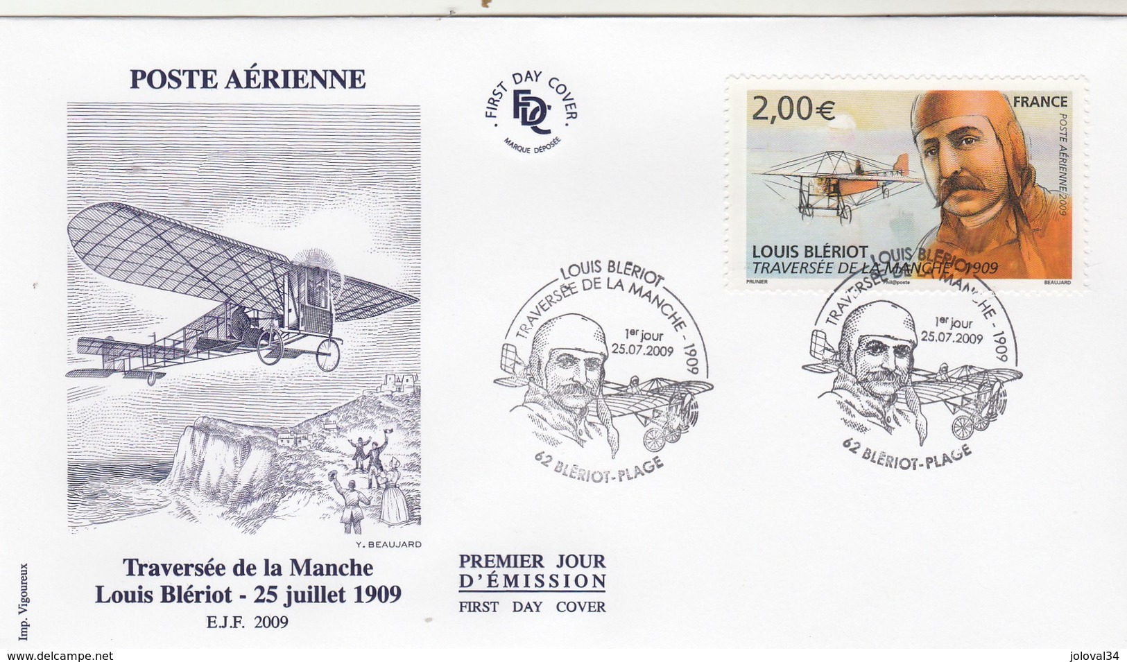 FDC Poste Aérienne Traversée De La Manche Louis BLERIOT -  62 Blériot Plage 2009 - 2000-2009