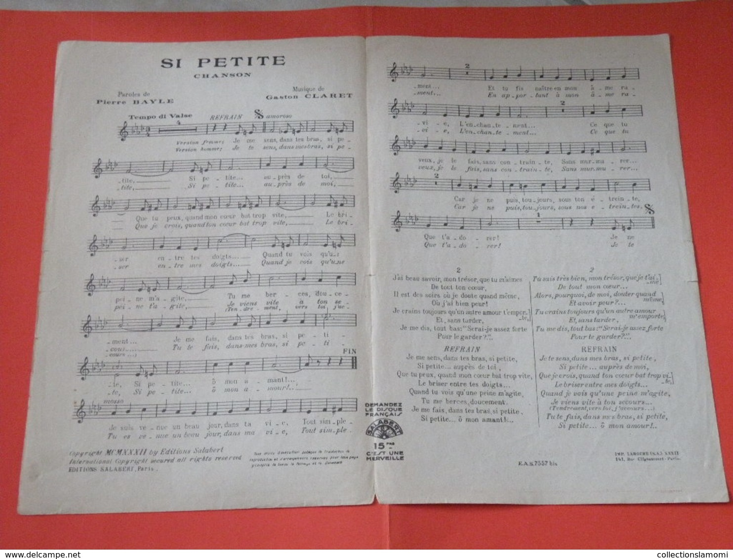 Si Petite (Lusienne Boyer) -(Paroles Pierre Bayle) (Musique Gaston Claret) Partition 1932 - Chansonniers