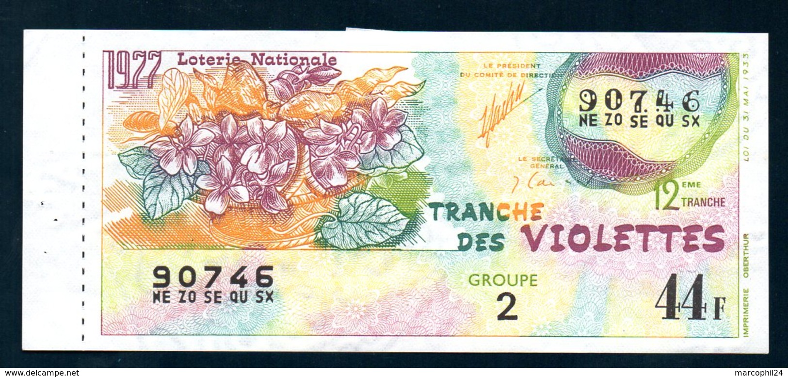 LOTERIE NATIONALE 1977 - TRANCHE N° 12 = VIOLETTES ( FLEUR ) / BILLET ENTIER SUPERBE Complet De Sa Souche VOIR  2 SCAN - Billets De Loterie