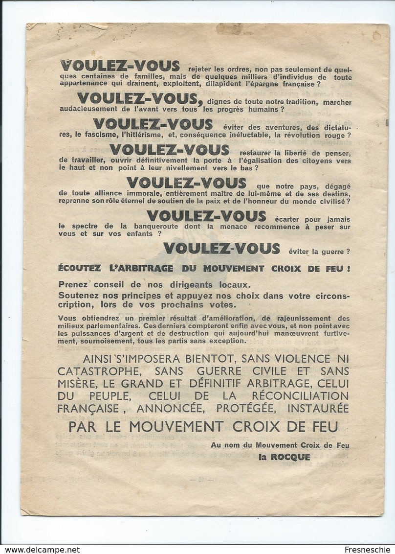 Politique Elections 1936 Manifeste Croix De Feu. Pour Le Peuple Par Le Peuple TB 27 X 20 Cm 16 Pages - Documents Historiques