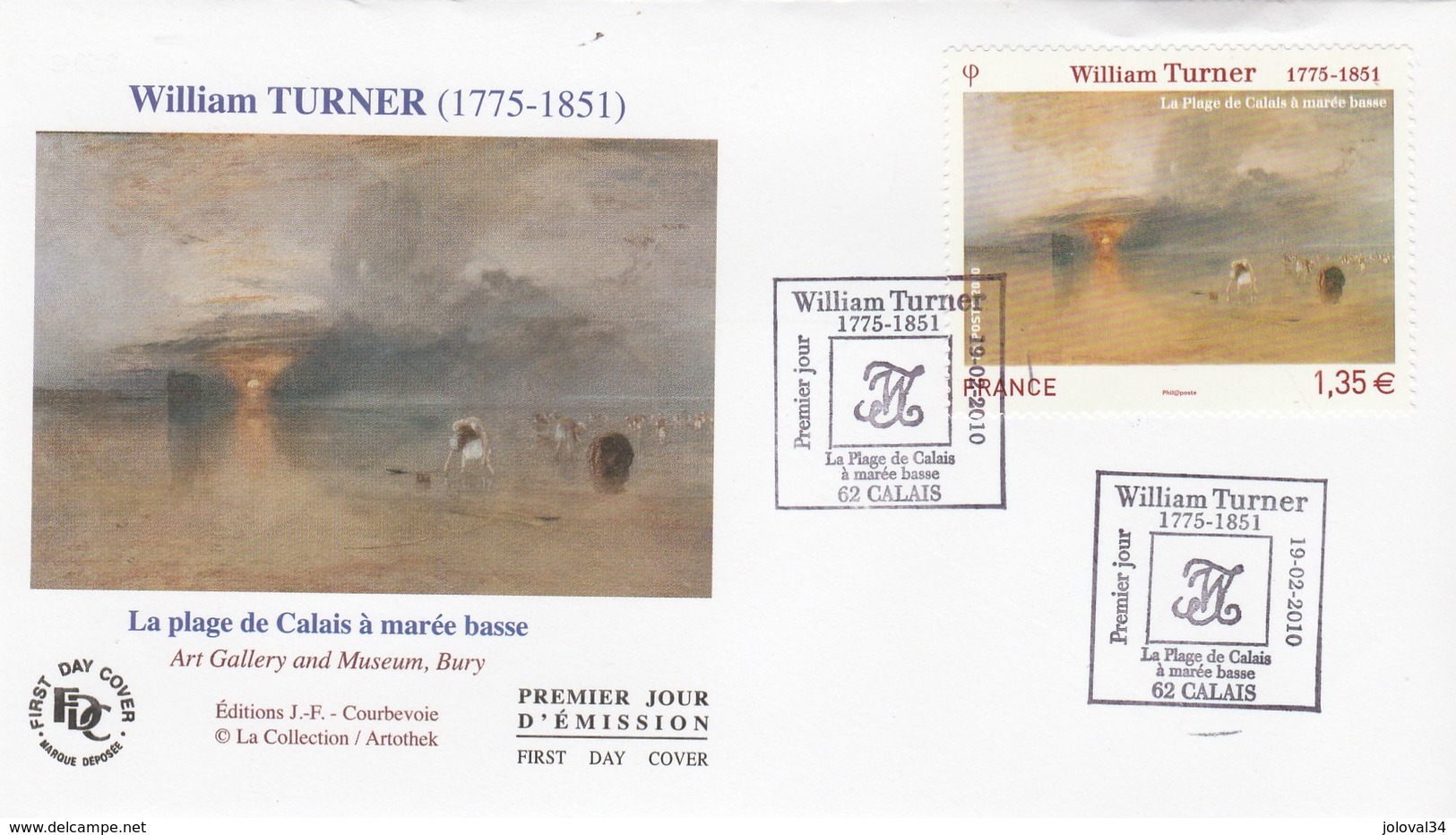 FDC 2010 62 Calais - William TURNER La Plage De Calais à Marée Basse - Art Peinture - 2010-2019