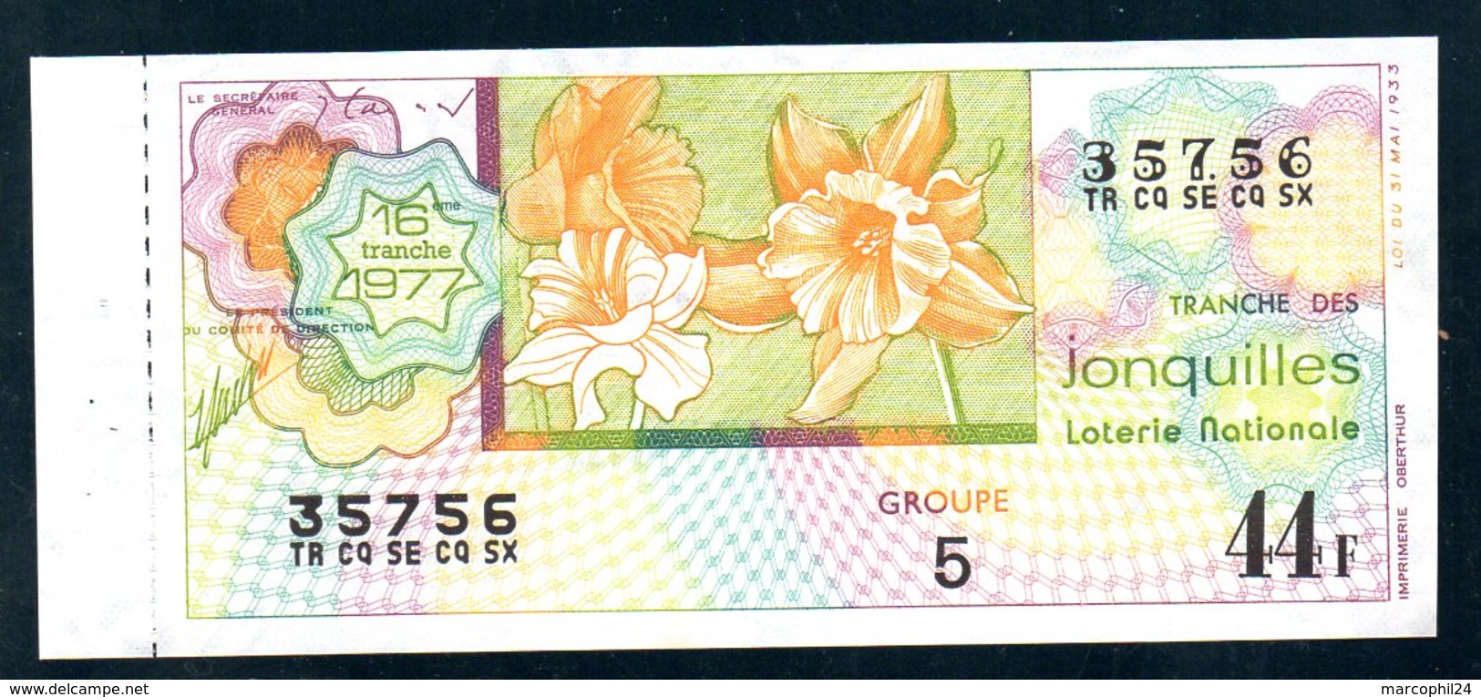 LOTERIE NATIONALE 1977 - TRANCHE N° 16 = JONQUILLES ( FLEUR ) / BILLET ENTIER SUPERBE Complet De Sa Souche VOIR  2 SCAN - Billets De Loterie