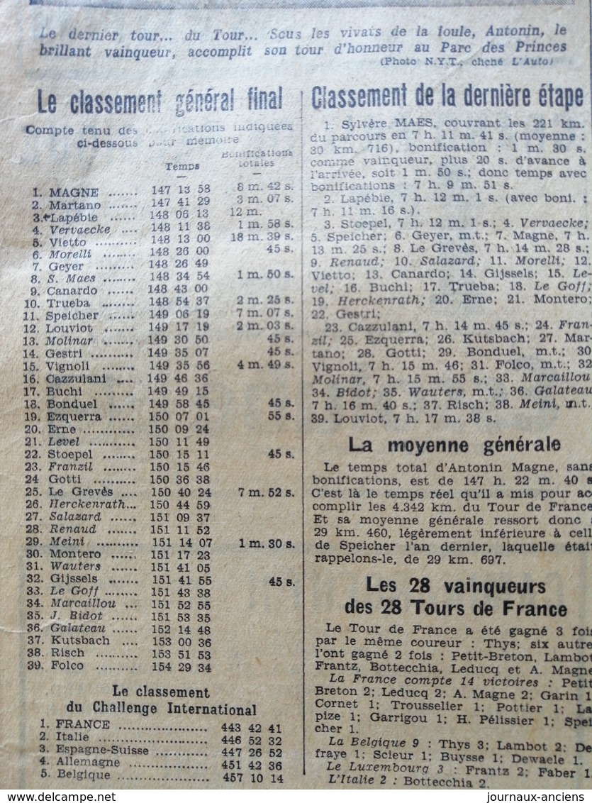 1934 Journal L'AUTO - Henri DESGRANGE - 28 E TOUR DE FRANCE--VICTOIRE ANTONIN Magne.- GÉO HAM - Autres & Non Classés