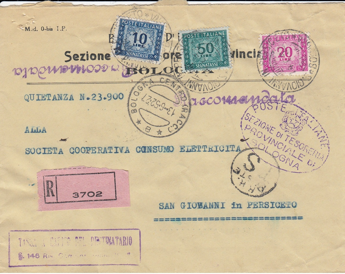 1952 (2) 1955 1972 1979 1980 Lotto di 6 buste viaggiate, affrancatura Segnatasse