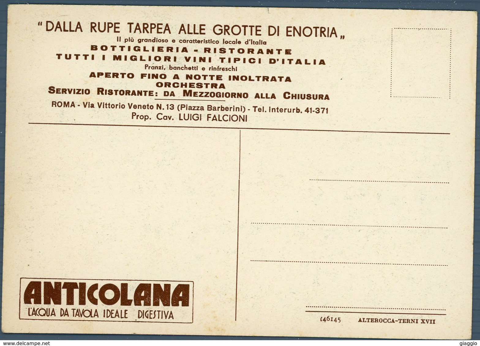 °°° Cartolina - Roma N. 753 Dalla Rupe Tarpea Alle Grotte Di Enotria Nuova °°° - Bar, Alberghi & Ristoranti