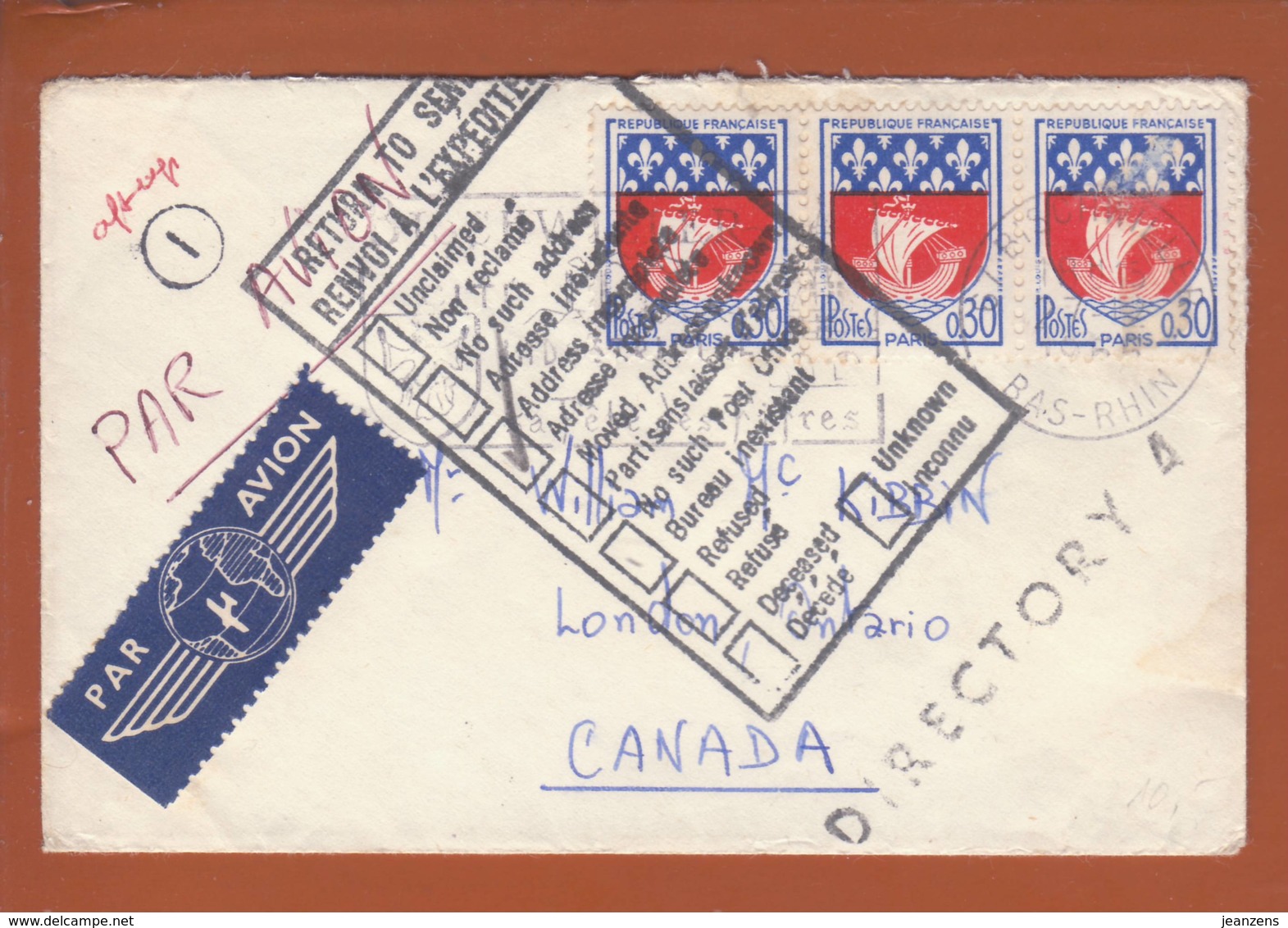 Lettre (carte De Visite) Par Avion  Obl. Bischwiller 07.12.1965 -> London (Ontario) Canada - Cachet De Retour - 1921-1960: Période Moderne