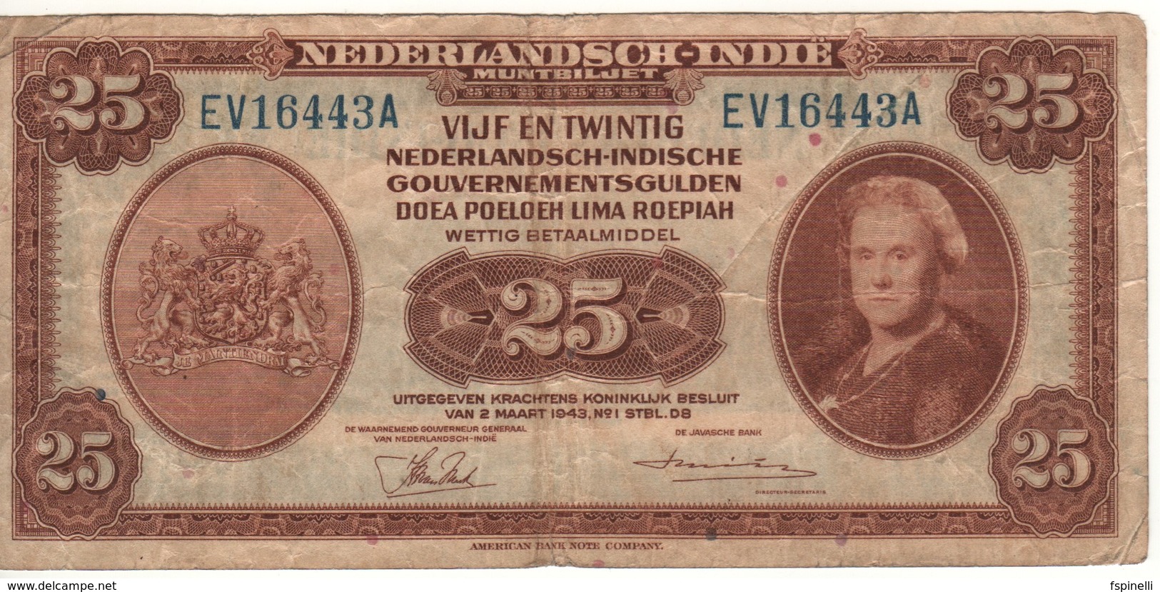 NETHERLANDS INDIES  25  Gulden "Queen Wilhelmina" P115a Dated 2.3.1943    F - Nederlands-Indië