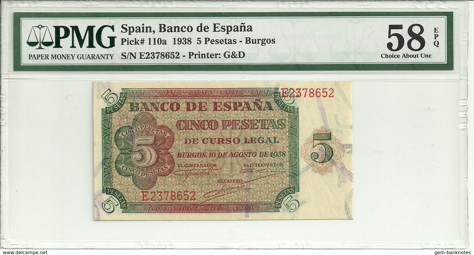 Spain 5 Pesetas 1938 P110a Graded 58 EPQ (Choice About Uncirculated) By PMG - 5 Peseten