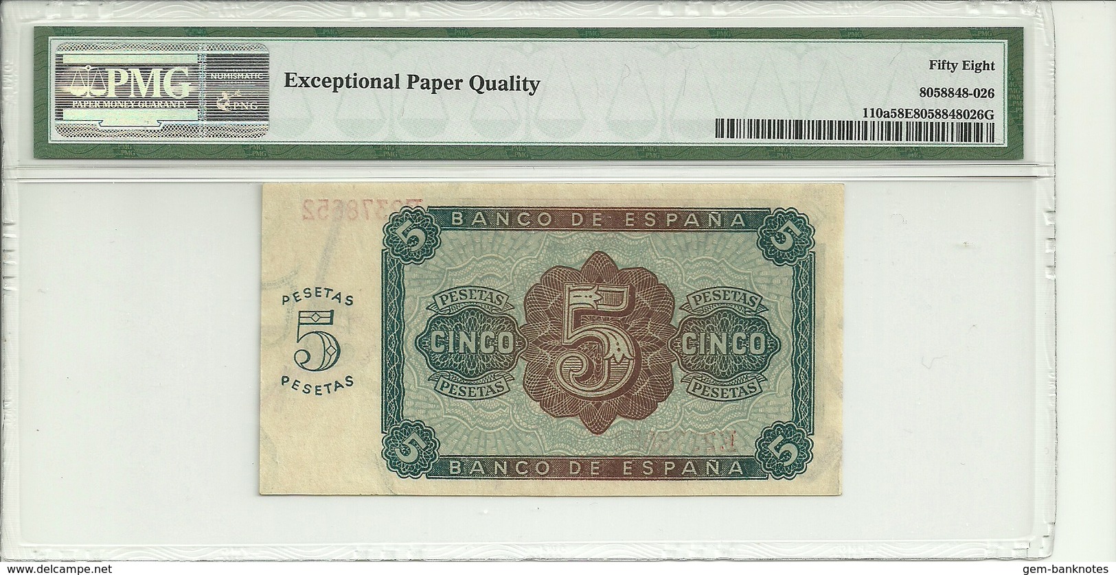 Spain 5 Pesetas 1938 P110a Graded 58 EPQ (Choice About Uncirculated) By PMG - 5 Peseten