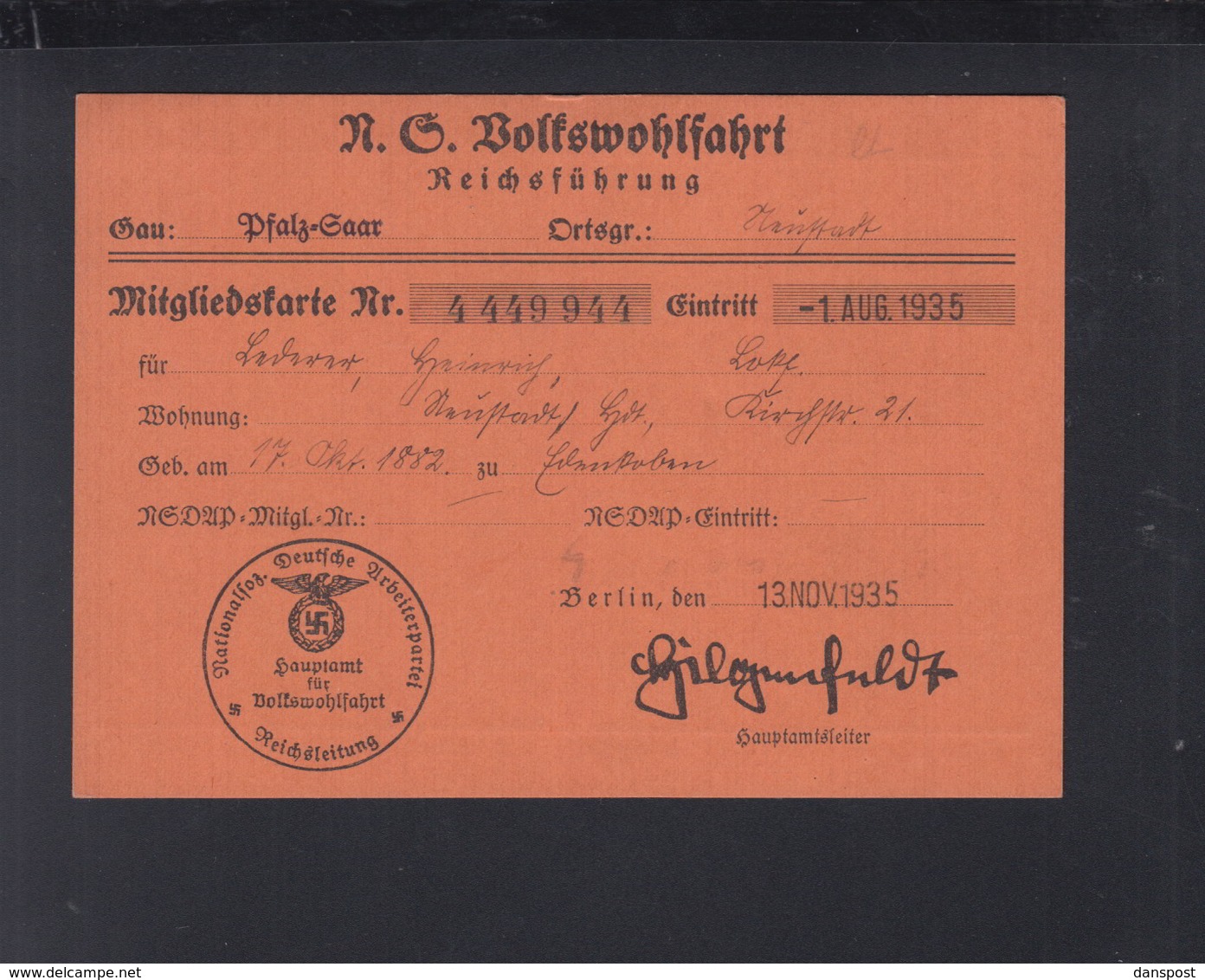 Dt. Reich NS Wolkswohlfahrt Mitgliedskarte 1935 - Historical Documents