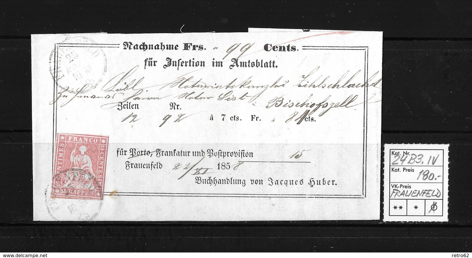 1854-1862 Helvetia (Ungezähnt) Strubel → Nachnahme Für Insertion Im Amtsblatt FRAUENFELD   ►SBK-24B3.IV◄ - Lettres & Documents