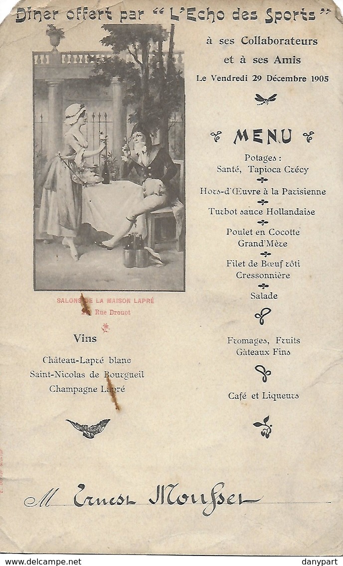 JOURNAL L'ECHO DES SPORTS Rare Menu Du Diner  Offert Par Le Journal à Ses Collaborateurs 1905 Aux Salons Lapré - Otros & Sin Clasificación