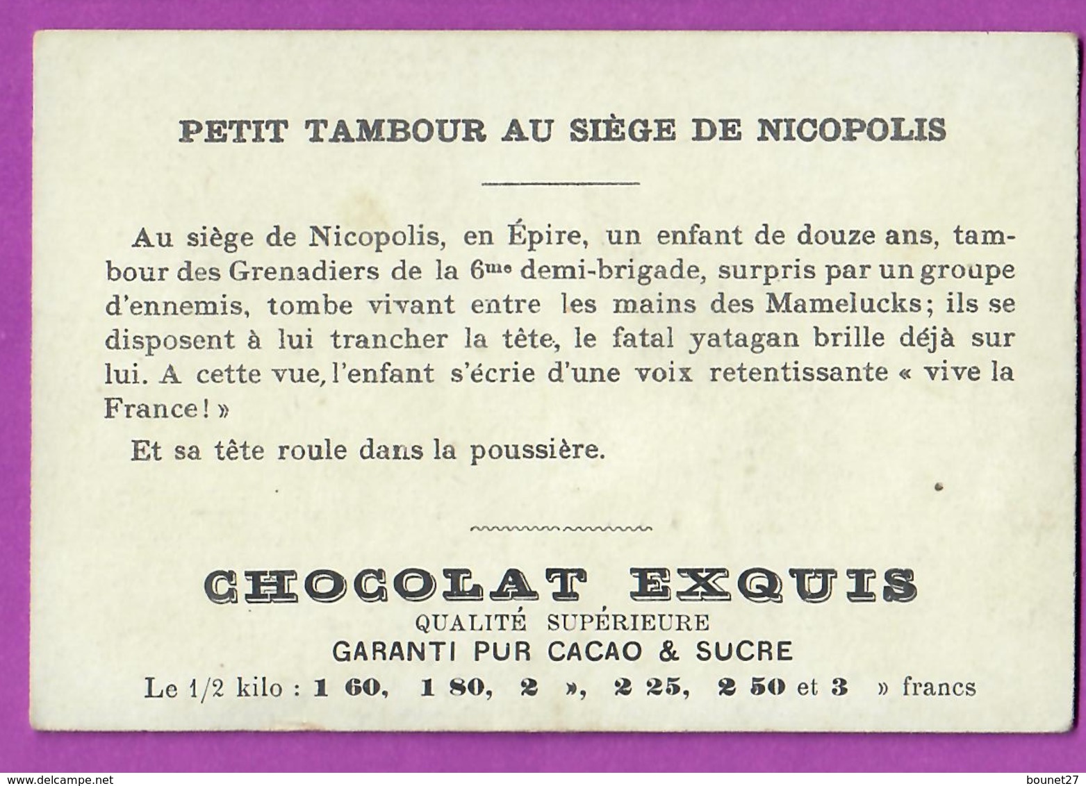 Chromo Image CHOCOLAT EXQUIS -  Grand Evénements - Petit Tambour Au Siège De Nicopolis (encadré Doré) - Other & Unclassified