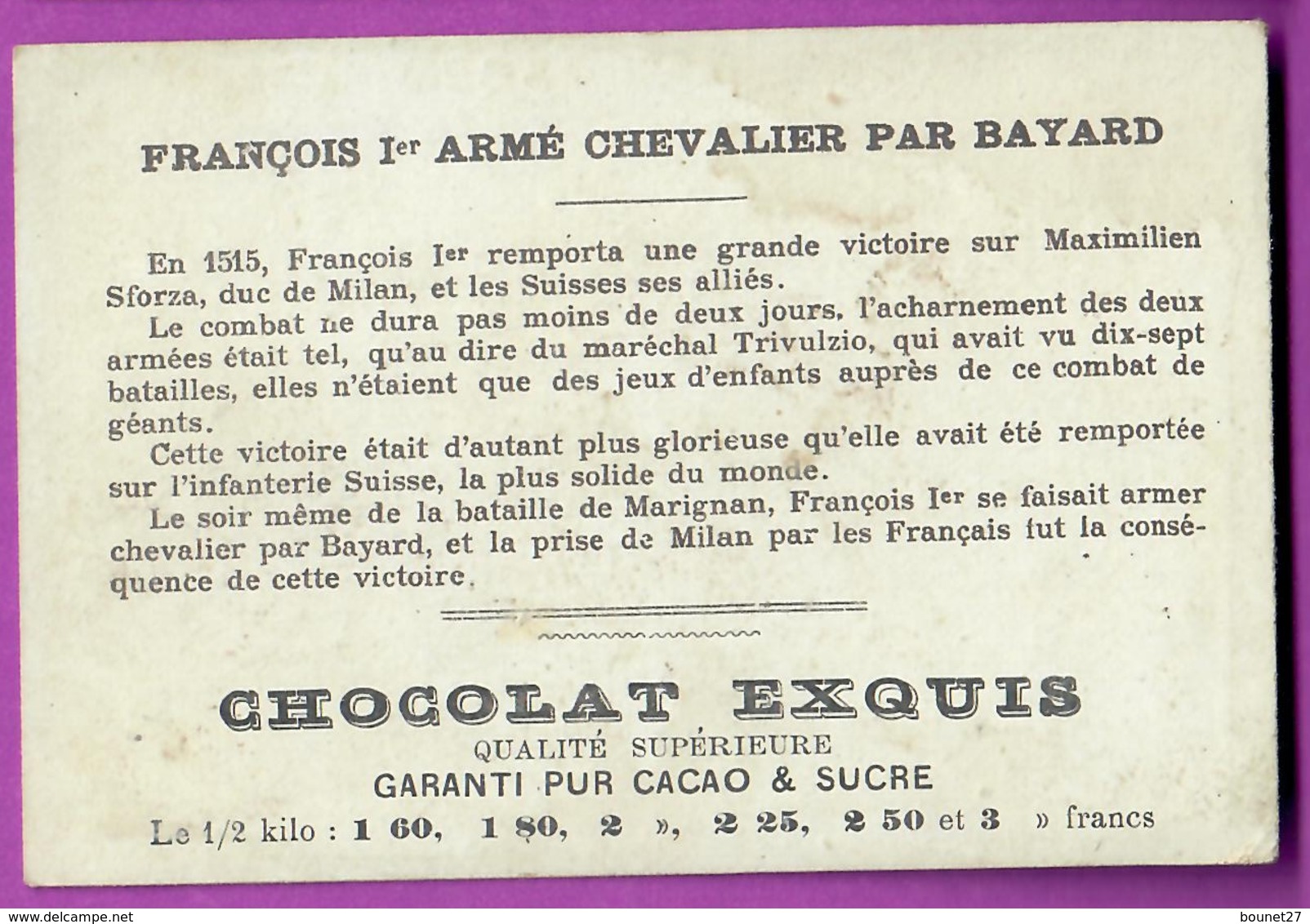 Chromo Image CHOCOLAT EXQUIS -  Grand Evénements - François 1 Er Armé Chevalier Par Bayard (encadré Doré) - Other & Unclassified