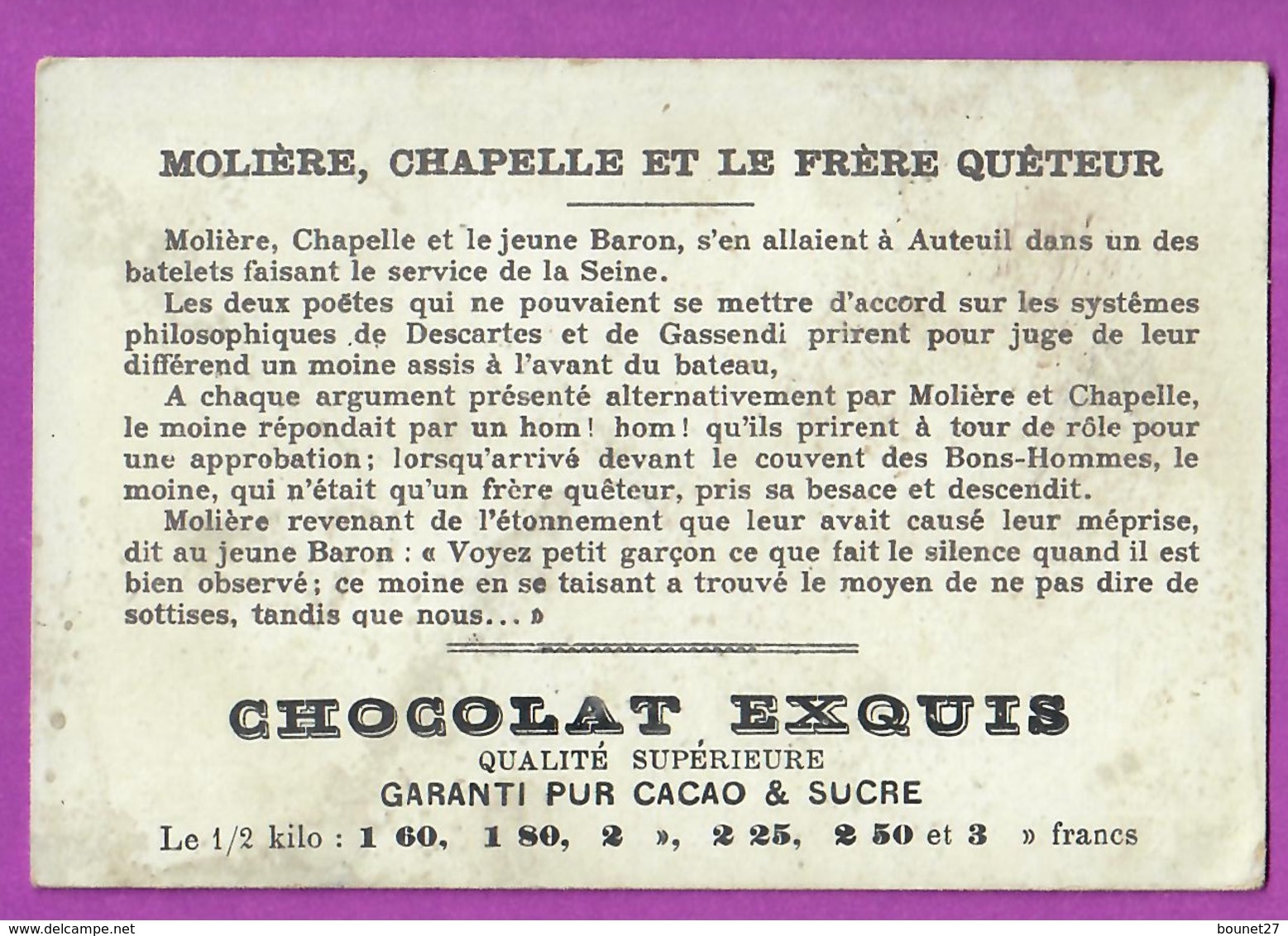 Chromo Image CHOCOLAT EXQUIS -  Grand Evénements - Molière , Chapelle Et Le Frère Quêteur  (encadré Doré) Barque - Other & Unclassified