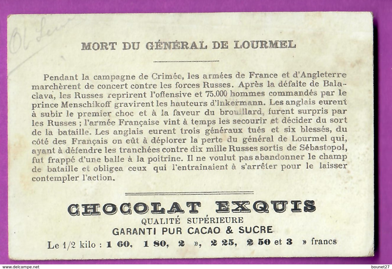 Chromo Image CHOCOLAT EXQUIS -  Grand Evénements - Mort Du Général De LOURMEL  (encadré Doré) - Other & Unclassified