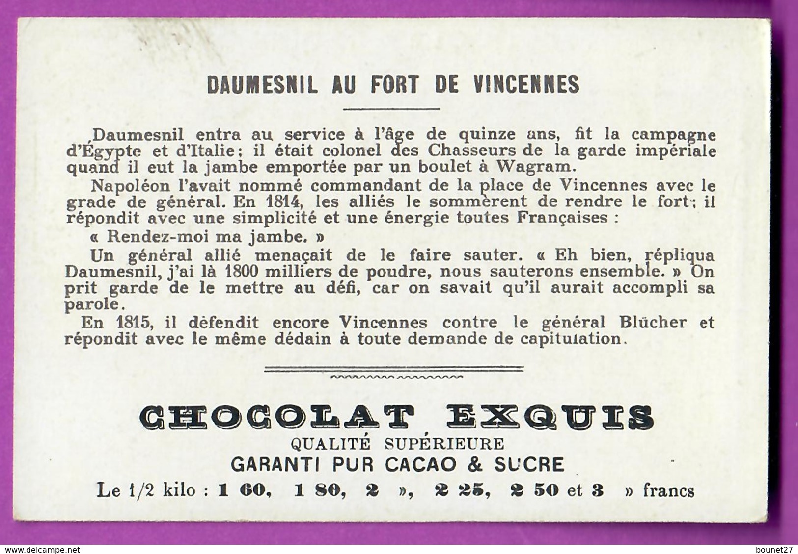 Chromo Image CHOCOLAT EXQUIS -  Grand Evénements - Daumesnil Au Fort De Vincennes (encadré Doré) - Other & Unclassified